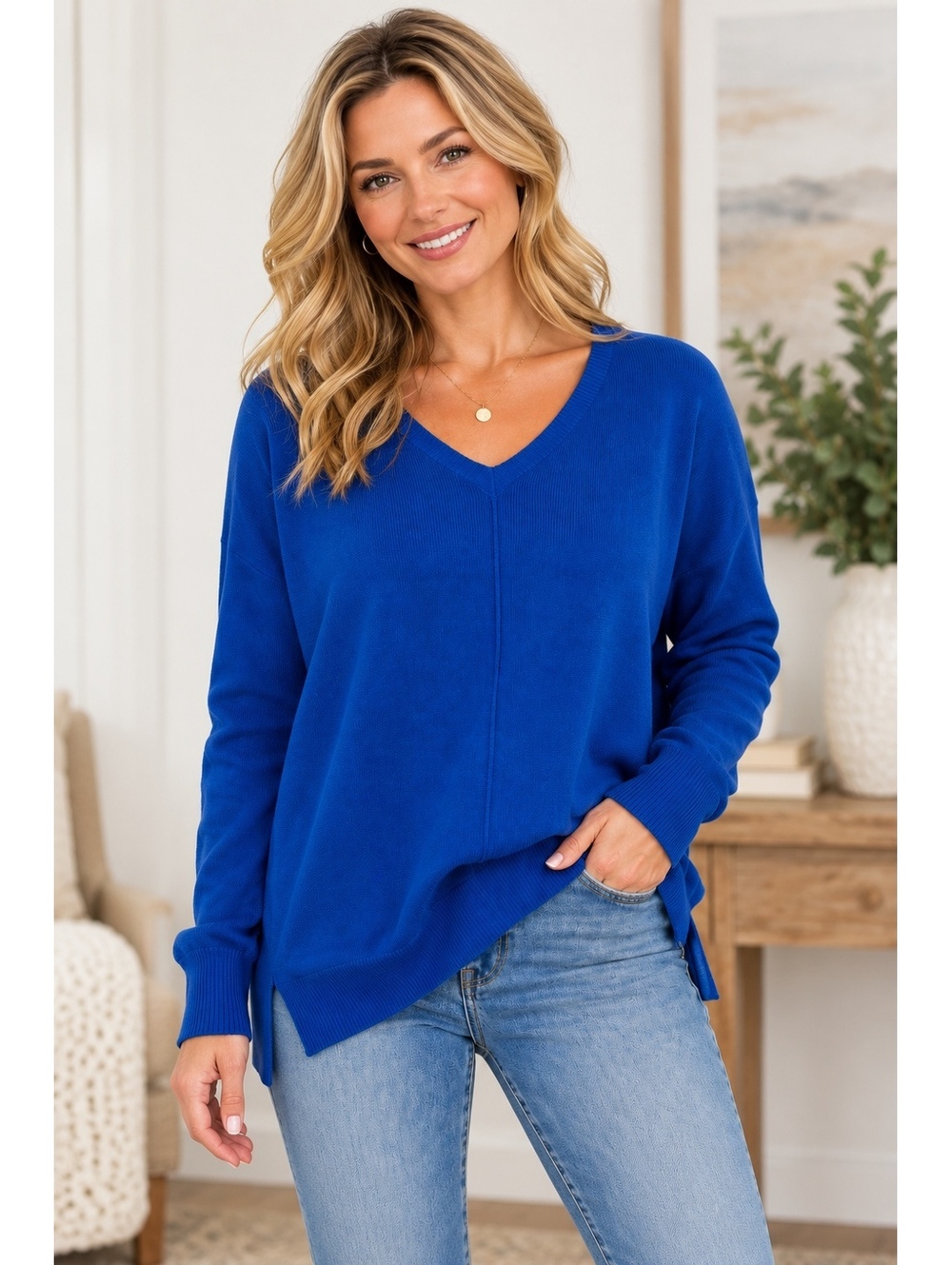 Zenana Royal Blue V-Neck Oversized Sweater S/M Long Sleeve Relaxed Fit